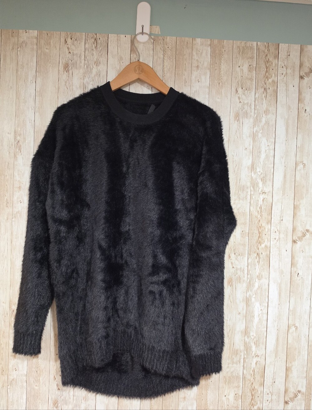 Maje Black Faux Fur Accent Knit Crewneck Long Sleeve Pullover Sweater Size S